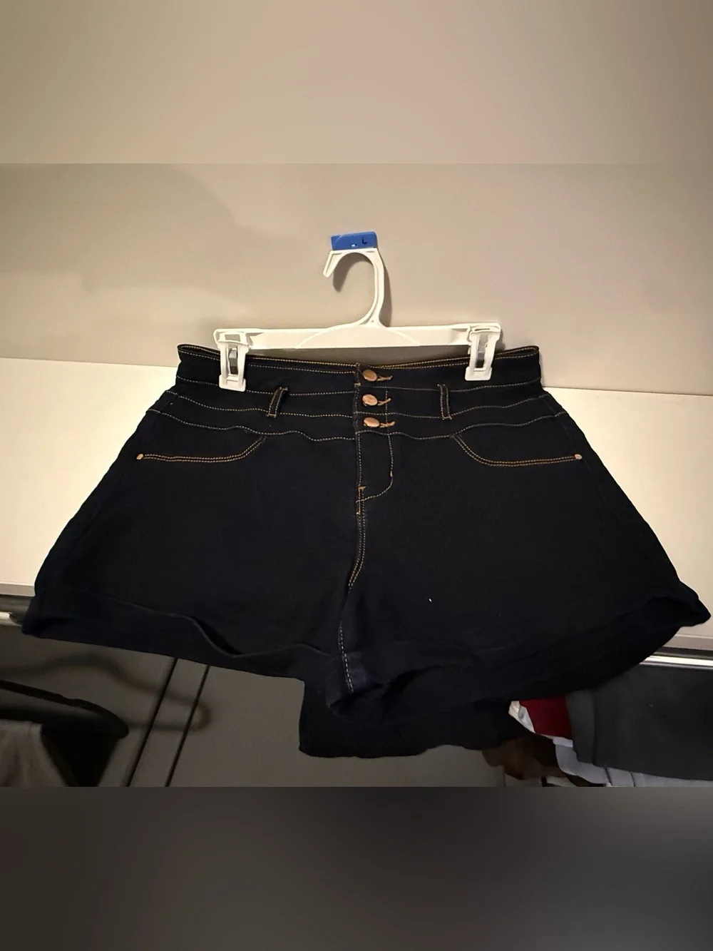 refuge High-Waist Black Denim Shorts with Triple Button